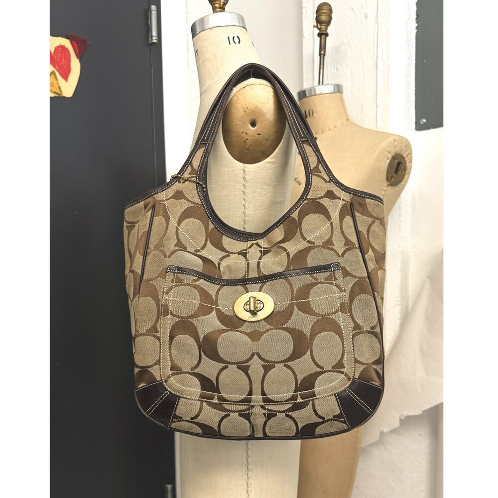 Coach 10767 Signature Ergo Large Tote Brown Tan Jacquard Leather Turnlock Bag